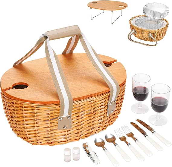 Wicker Picnic Basket for 2 with Large Insulated Cooler Compartment and Folding Table, Cutlery Service Kits, Willow Hamper Set with Woven Handles for Camping, Outdoor, Party(Beige)