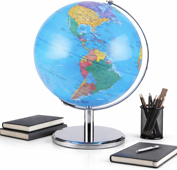 LED Illuminated World Globe with Chrome Rotating Stand Desk Display Globe with Lighted Map, Metal Base, Plug-In Power