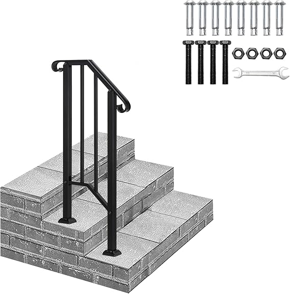 Handrails for Outdoor Steps Fits 1 to 4 Steps, Wrought Iron Stair Railing for Outdoor Porch, All Weather Use Stair Rails on Concrete, Brick Steps (Black, 1-2 Steps)