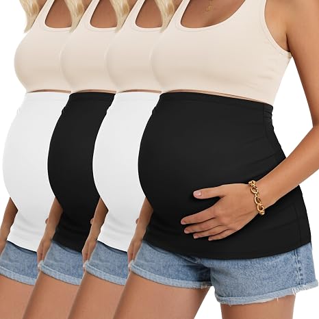 Oakgarden 4 pack Maternity Belly Bands Pregnancy Postpartum Shirts Pants Extender Support Stretch Belt for Pregnant Women(White,Black,White,Black,Large)