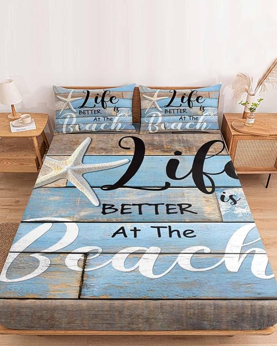 Summer Bedding Queen Size Fitted Sheets Fit 5"-16" Deep Pocket Mattress,Starfish Beach Better Life Soft Bottom Sheet Farm Vintage Wood Board Fitted Sheet Bed Set with Pillow Case