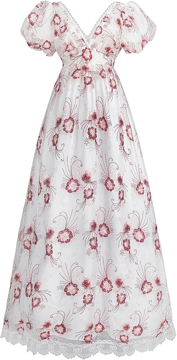 Women Regency Dress Floral Victorian Dresses Vintage Ball Gown Lace-up Long Regency Dress