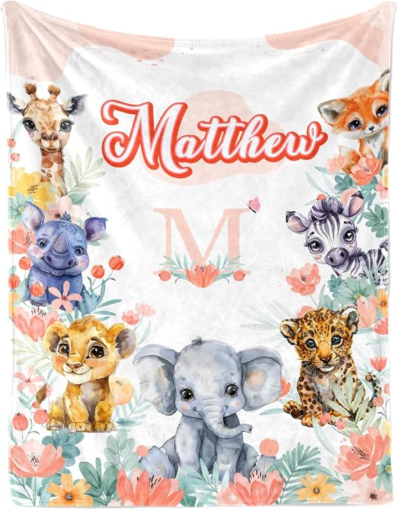 Personalized Baby Blanket for Kids, Custom Baby Blanket for Girls Boys, Personalized Name Blankets for Kids & Adults, Personalized Christmas Birthday Gifts for Girls (Animals-1)