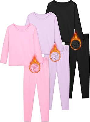 Resinta 3 Girls Thermal Underwear Set Soft Winter Thermal Top and Bottom with Fleece Lined Base Layer Long Johns for Kids