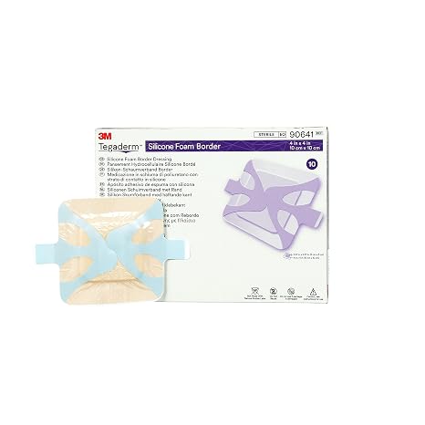 3MTM TegadermTM Silicone Foam Border Dressing, 90641, 4 x 4 IN, 10 x 10CM, 10/Carton, 6 Carton/Case