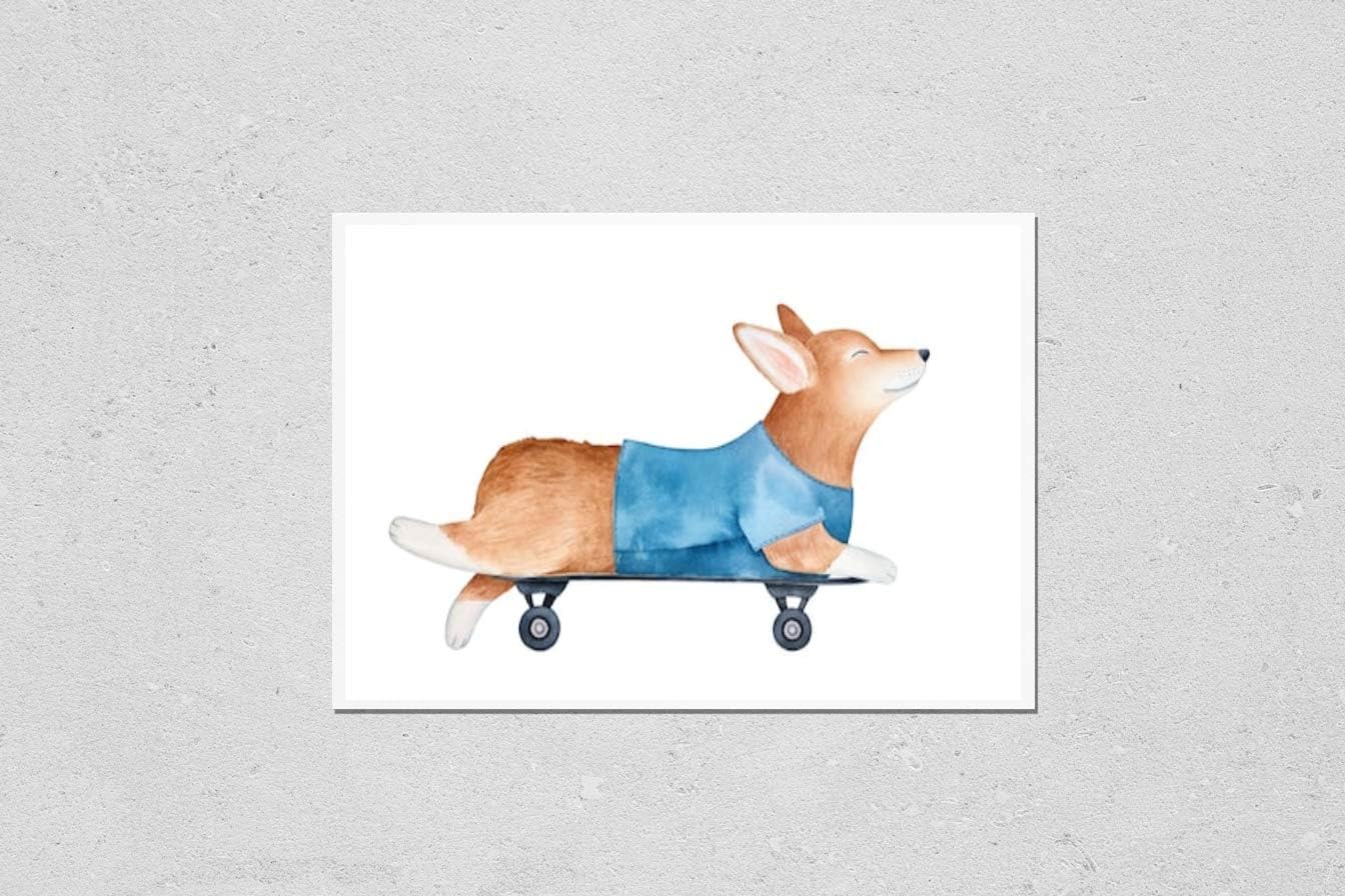 Wall Art Poster Print of Joyful Welsh Corgi Pembroke Puppy in Blue T-Shirt, Lying on Skateboard. Side View. Handdrawn Watercolour Graphic Paint on White Background, Cutout Element for Design, Poster