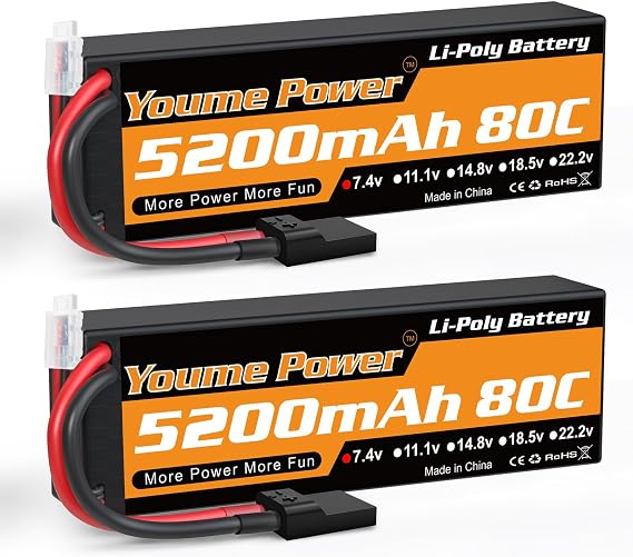 2s Lipo Battery 7.4V RC Lipo Batteries 5200mAh 80C Hard Case with Tr Connector for Most 1/8 1/10 RC Car/Vehicle/Truck/Buggy Boat Drone Models(2 Packs)