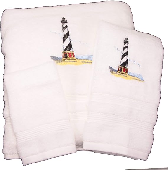Bath Towel Set with Embroidered Hatteras Lighthouse - White Terry