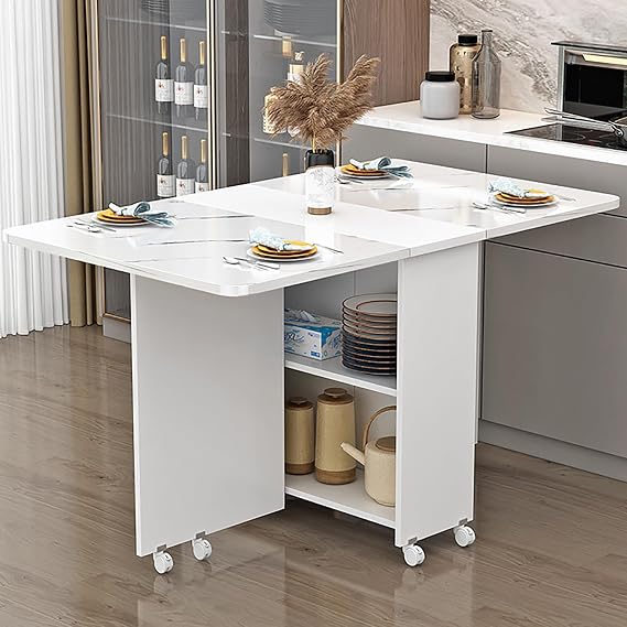 Folding Table Dining, Folding Dining Table with Storage, Rolling Drop Leaf Table with Open Shelf and 6 Wheels, for Small Space Dining Room Kitchen