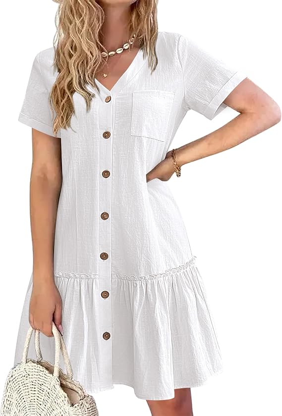 HOTOUCH Women Button Down Dress Loose Summer Cotton Linen Dress Ruffle Hem Casual Dress Short Sleeve Tunic Dress