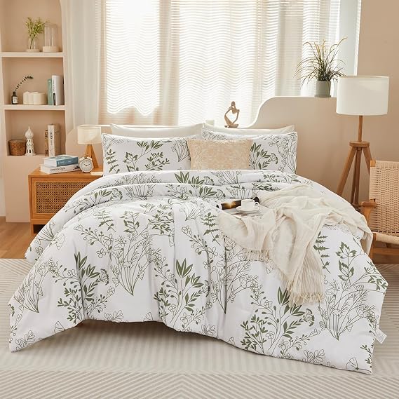 STYHO Floral Green Bedding for Double Bed 3 Pcs Luxury Leaves Patterned Duvet Cover Sets Soft Microfiber Blossom Flower Quilt Covers with Zipper Closure(Green White, Double)