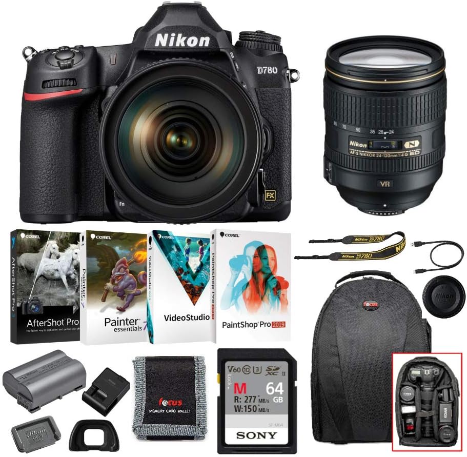 Nikon D780 FX-Format DSLR Camera with The 24-120 Lens, Backpack, 64GB Card, Software Suite and Accessory Bundle 5 Items