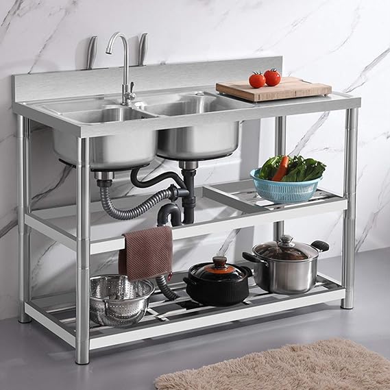 Stainless Steel Commercial Kitchen Sink Stainless Steel Utility Sink Commercial Grade Laundry Tub Culinary Sink with Shelf and Workbench, Hot and Cold Faucet, for Outdoor, Indoor, Garage, Kitchen