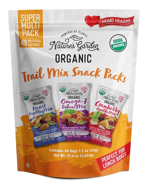 Nature's Garden Organic Trail Mix Snack Packs - 57.6oz (48 x 1.2oz Individual Servings) Trail Mix Variety, Energy Boosting, Heart Healthy, Omega-3 Rich, Cranberries, Pumpkin Seeds, Family Snack Pack
