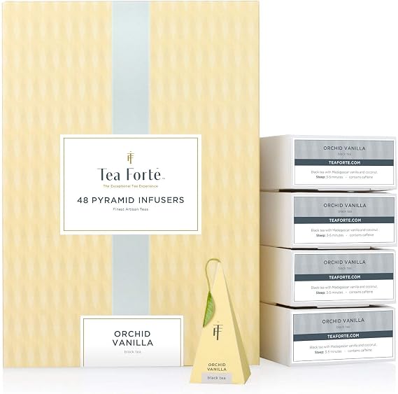 Tea Forte Orchid Vanilla Black Tea Event Box, Bulk Pack of 48 Pyramid Infuser Tea Sachets for All Occasions