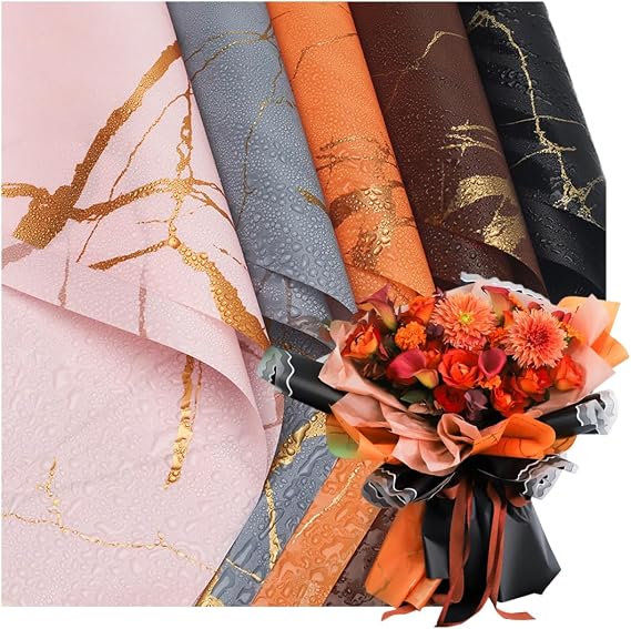 Wrapping Paper, Nosa Paper, Gold Marbled Paper, Flower Wrapping Paper, Floral Bouquet Packaging Materials, 60X60cm, 20 Sheets,Orange