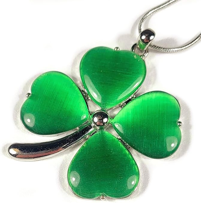 HQRP-Crystal 47mm Green Four Leaf Clover Irish Shamrock Pendant Man-made Aventurine Stones Realistic Fashion Style Decor St.Patrick's Day Lucky Leaf Jewellery Jewelry Gift + 12.2" Chain and Gift Box