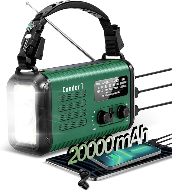 20000mAh/74000mWh Emergency Hand Crank Radio, NOAA Weather Radio with Am Fm NOAA, Solar Battery Operated Radios with Flashlight Cell Phone Charger, SOS Alarm, Compass &Reading lamp