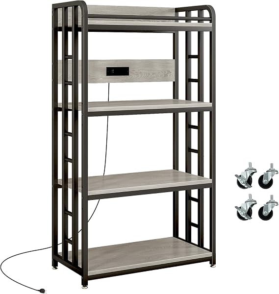 METYERRY Microwave Stand with Storage, 4-Tier Kitchen Bakers Rack with Power Outlet and USB Charging Ports, Rolling Kitchen Cart with Lockable Wheels and Adjustable Shelves for Coffee Bar, Greige