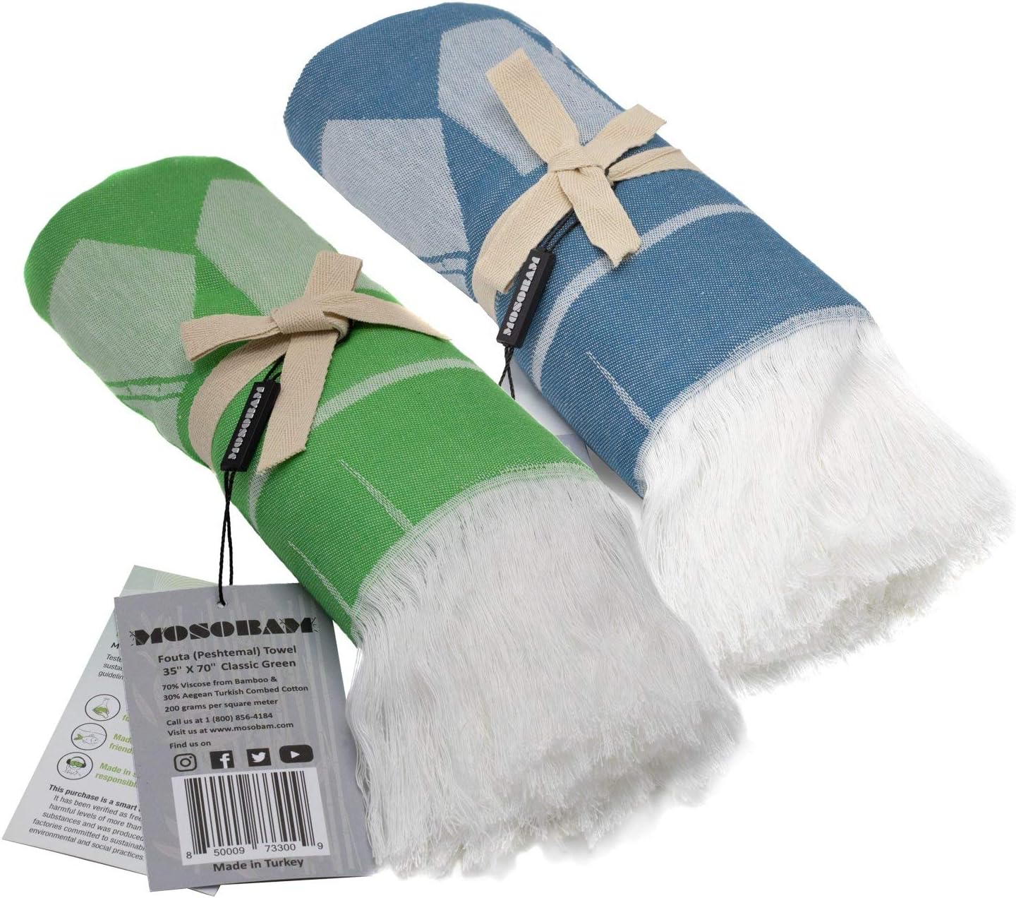 Mosobam 2pc Soft Fouta Peshtemal 35X70, Green-Navy, Fall Cacala Fleece Blankets, Luxury Scarf Sarong, Hamam Towel, Lightweight Travel Outdoor Picnic Blanket Throw, Viscose Made from Bamboo