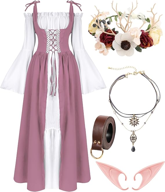VillbeCoser Renaissance Dresses Medieval Costume for Women Flower Crown Elf Ear Choker Necklace Leather Belt Fairy