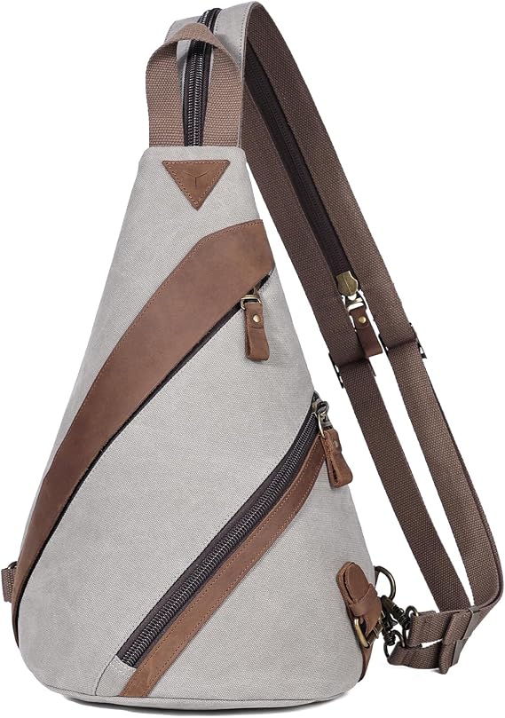 KL928 Canvas Sling Bag for Men Women, Genuine Leather Design Shoulder Crossbody Bags Backpacks Travel Daypack (Leaden)