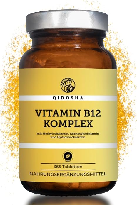 QIDOSHA Vitamin B12 Complex High Dose 500 mcg per Tablet 365 Pieces in Pharmacist Glass with the Three Vitamin B12 Forms Methylcobalamin Adenosylcobalamin & Hydroxocobalamin Each Batch Laboratory Tested
