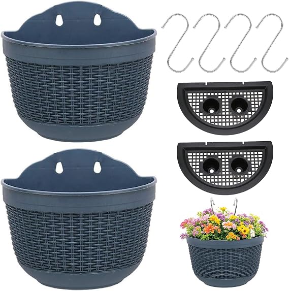 Pack of 2 Hanging Baskets, Semicircular Hanging Plant Pot, Hanging Basket, Planters Hanging Basket with 4 Hooks, Outdoor Flower Pots, Hanging