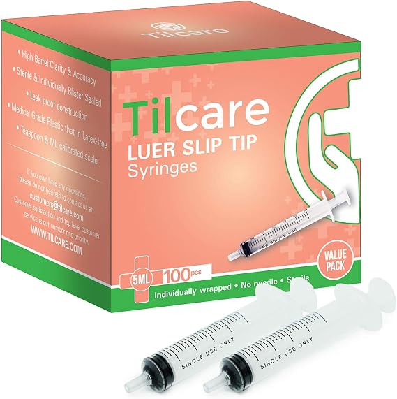 5ml Oral Dispenser Syringe Luer Slip 100 Pack by Tilcare - Sterile Plastic Medicine Droppers for Children, Pets & Adults Latex-Free Medication Syringe Without Needle - Syringes for Glue and Epoxy