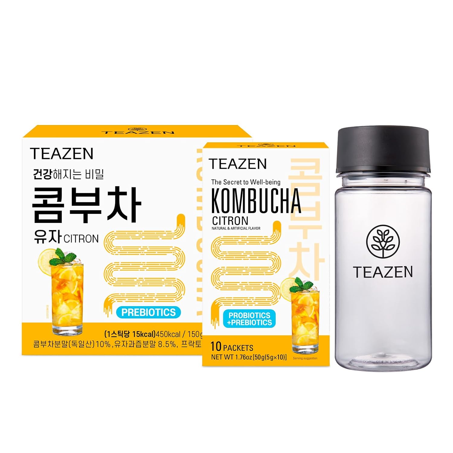 TEAZEN Kombucha Citron Flavor Variety Pack with Classic Eco Bottle Kombucha Powder 40 Sticks, Eco Bottle 1EA x 11.8oz