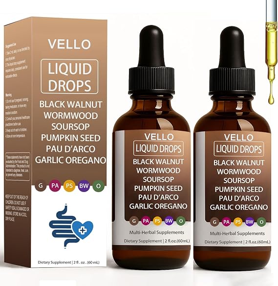 Vello Black Walnut Wormwood Gut Cleanse, Wormwood Black Walnut Clove Drops with Garlic Oregano, Soursop, Pau D'arco, Pumpkin Seed Extracts, Support Gut & Digestion Balance, Improve Energy (2)