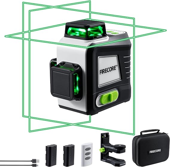 Firecore Laser Level 360 Self Leveling, 3 x 360 Compact Green Beam Cross Line Laser Leveler Tool for Picture Hanging Wall Tile Construction, 2 Rechargeable Batteries and Magnetic Bracket Included