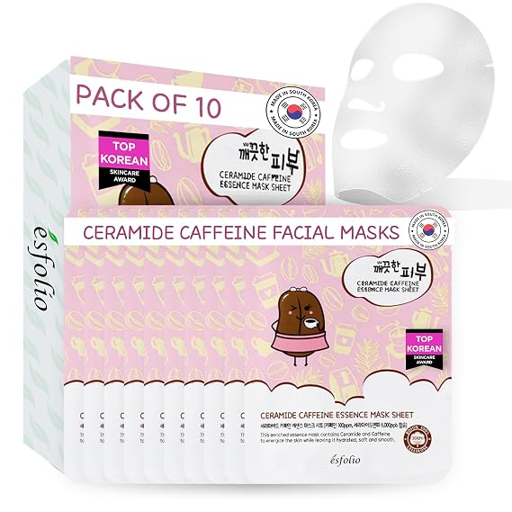 Esfolio Ceramide and Caffeine Pure Skin Korean Essence Mask Sheet Hydrating and Moisturizing Face Mask Supports Skin Hydration and Softness (Pack of 10)