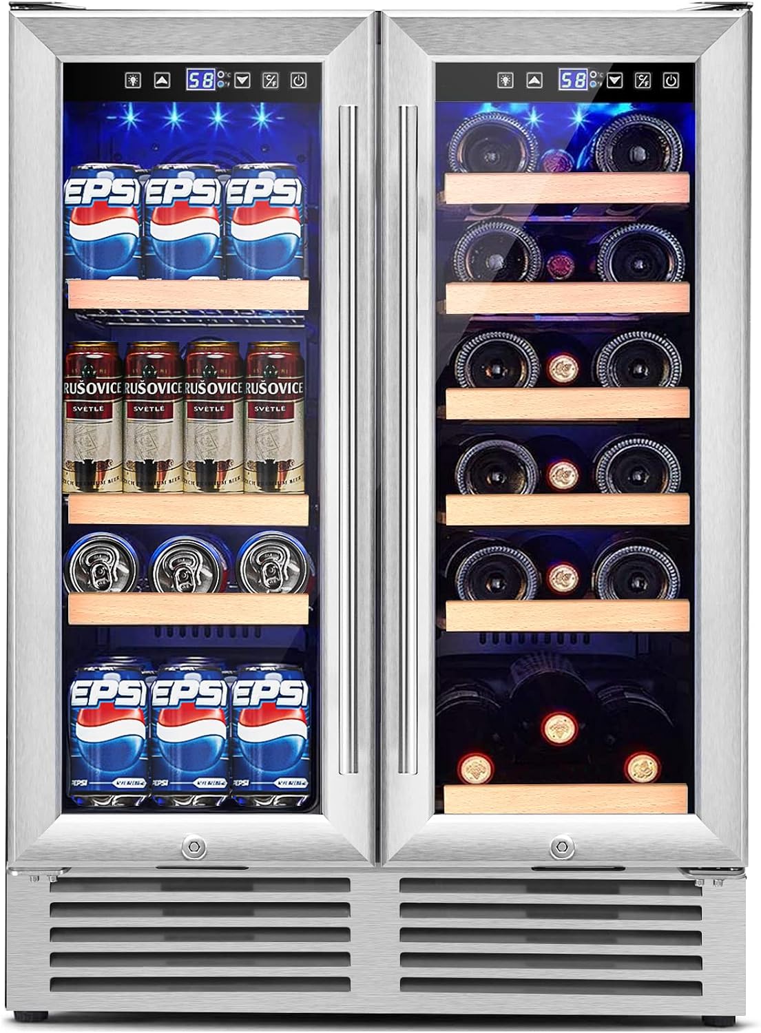 Caroliner 24 Inch Dual Zone Wine Fridge & Beverage Cooler Refrigerator, 18 Bottles & 57 Cans Freestanding or Built-in Bar Fridge for Beer Soda Drink, 2-in-1 Wine Cellar wSeparate Temp Control, Lockable Glass Door, LED Lights, Quiet Operation