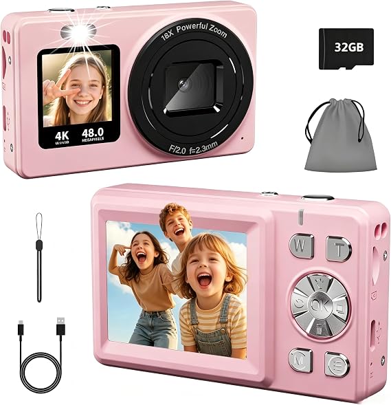 Digital Camera, 4K 48MP Autofocus Dual Screen for Selfies, 18X Zoom Fill Light, Portable Point and Shoot Travel Camera with 32GB SD Card for Kids, Teens, Girls, Boys- Pink