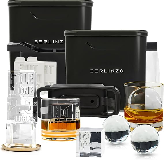 Berlinzo Premium Crystal Cube & Sphere Set 2 Large 2.4" Round Balls & 2 Large 2.1" Square Cubes Easy-Release Silicone Trays with Storage Bag, Black (Non-Electric)