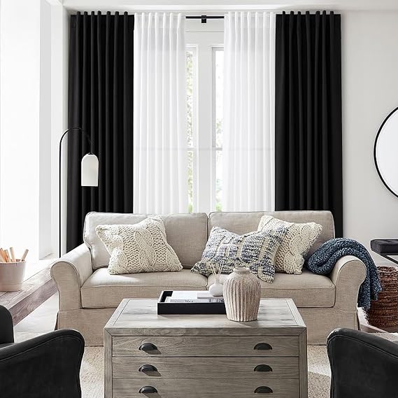 Nanspring Black Linen Blackout Curtains 102 inches Long 2 Panels Set & White Linen Sheer Curtains 102 inches Long 2 Panels Set for Living Room Bedroom