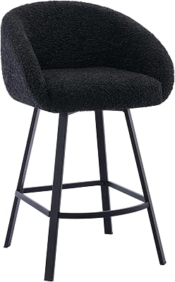 Zesthouse Swivel Counter Height Stool, Modern Single Bar Stool for Kitchen Island, 26 Black Sherpa Kitchen Counter Height Chair with Barrel Arms & Back, Upholstered Fabric Bar Chairs with Metal Legs