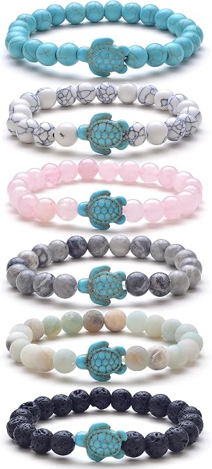 Tornito 6Pcs Sea Turtle Beads Bracelet Natural Stone Colorful Elastic Turquoise Stretch Bracelet Friendship Gifts for Women Men 8mm
