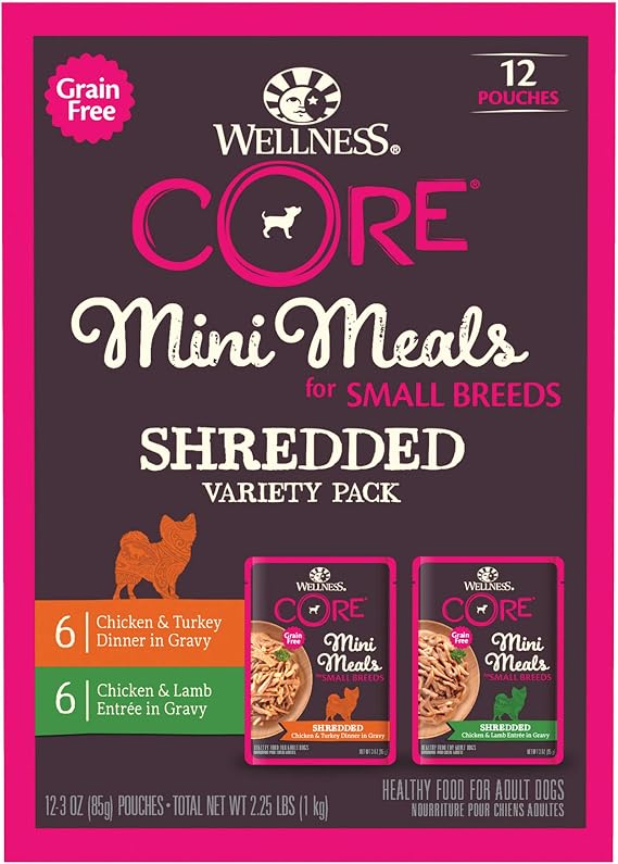 Wellness CORE Mini Meals Grain Free Wet Dog Food, Chunky, Pate, Shredded Meat in Gravy, Complete & Balanced, Dog Food Topper, Mixer or Complete Meal, Easy to Open Pouch