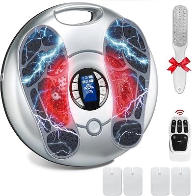 EMS Foot Massager for Neuropathy, TENS Electronic Muscle Circulation Stimulator with 4 Electrode Pads,Relieves Swelling, Fatigue, Plantar Fasciitis Silver
