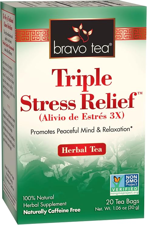 Bravo Tea Triple Stress Relief Herbal Tea Caffeine Free, 20 Tea Bags, 6 Count