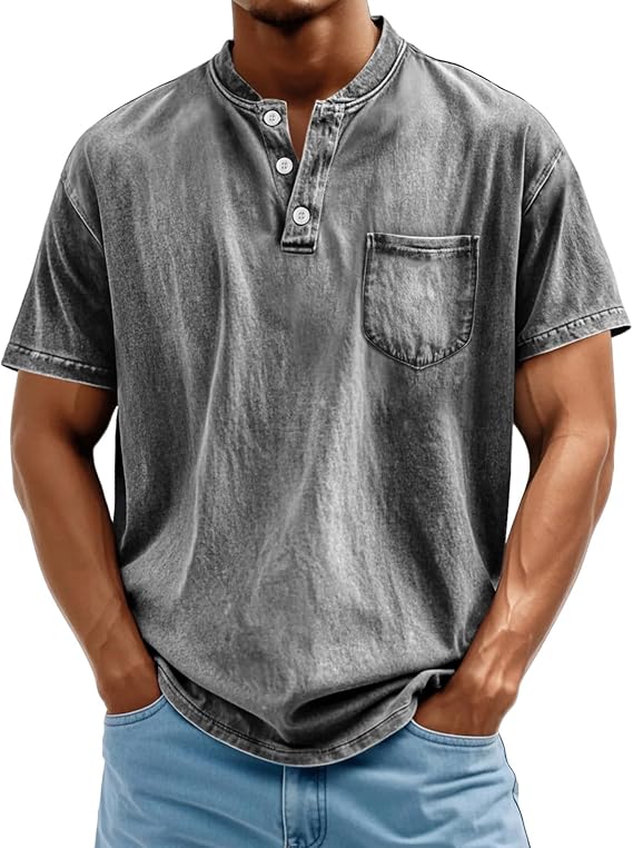 Mens Henley Shirts Crewneck Washed Casual Short Sleeve Soft Tee Tops Summer Stylish Vintage T-Shirts with Pockets 2025