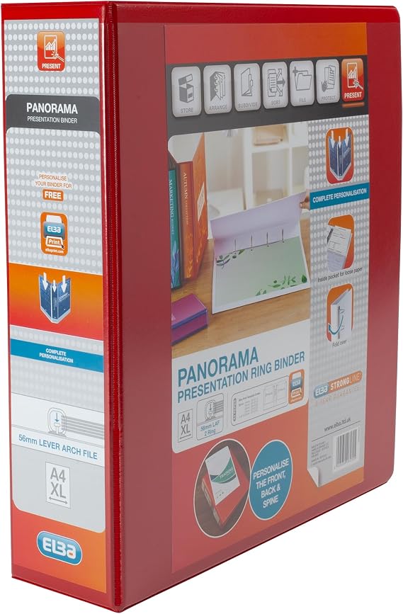 Elba A4 2 O-Ring Lever Arch File, 56mm capacity, 90mm spine, Presentation Folder with Customisable Cover, Portrait, Red (Single)