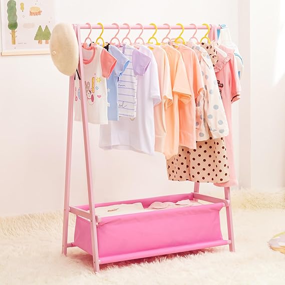 Cozivolife Kids Clothing Rack with Storage Box, Dress up Holder, Child Garment Hanger with Hanging Rods, Small and Foldable, Bamboo (Pink)