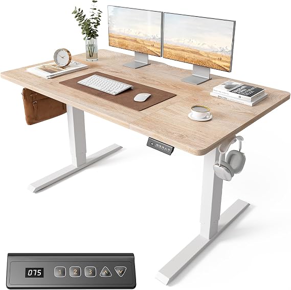 Cubiker Electric Standing Desk 140 x 70 cm, Height Adjustable Sit Stand Desk with Memory Presets, Home Office Computer Desk, White Frame with Oak Top