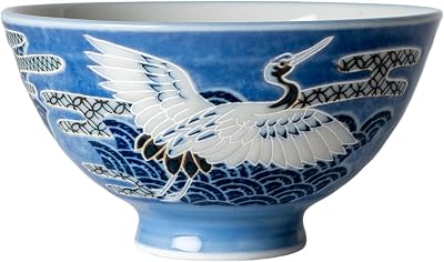 Urban Tokyo Japanese Mino Ware Porcelain Rice Bowl 4.5 inch Diameter 10 fl oz Authentic Japan Artisan Crafted Bowls Japan Crane Blue