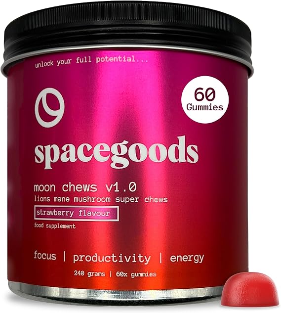 Spacegoods Moon Chews Lions Mane Mushroom Gummies |30 Servings| Strawberry | Powerful Lion's Mane Super Gummies, Focus & Clarity Boost, Delicious Texture and Taste | 1 Month Supply – Vegan Supplement