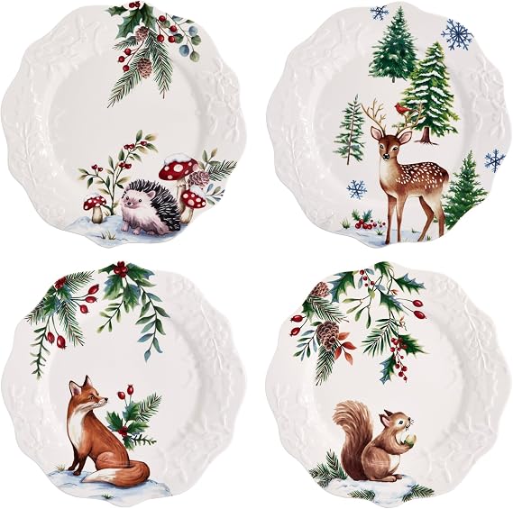 Bico Winter Woodland Critters Scalloped Salad Plates Set of 4, 8.75 Inch Ceramic Dessert Plates for Salad, Appetizer, Side Dishes, Microwave and Dishwasher Safe, Gift for Housewarming and Thanksgiving