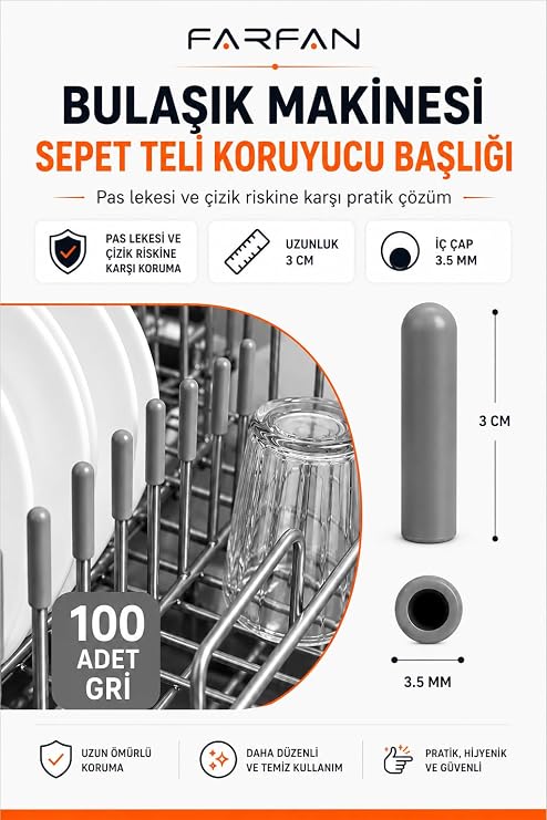 Farfan 100 Adet Gri - Bulaşık Makinesi Sepet Ucu Plastik Kapak - Pas ve Çizilme Önleyici Koruyucu - Tamir Seti